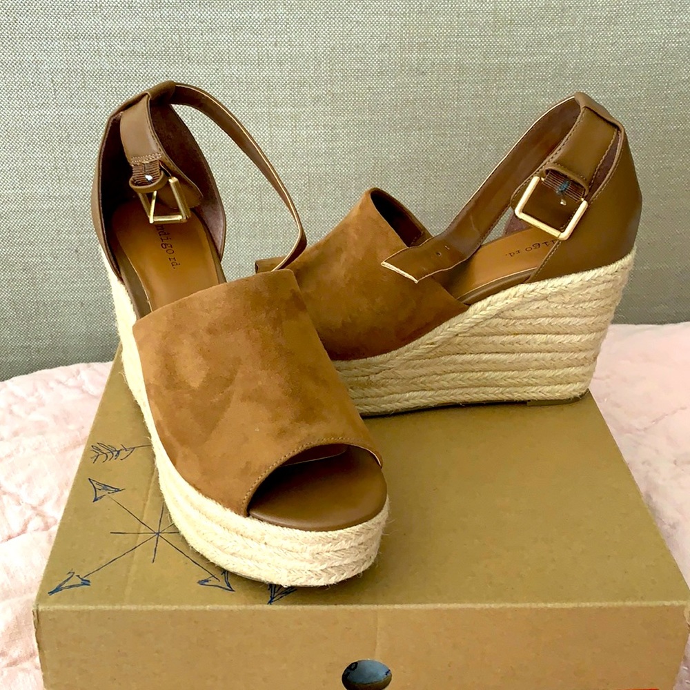 Indigo brown suede ankle strap  wedges. Worn once. 10M